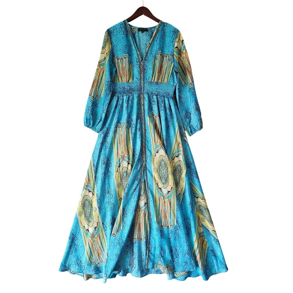 Gracia Womens Turquoise Blue Paisley Smocked Waist V-Neck Maxi Dress Size L